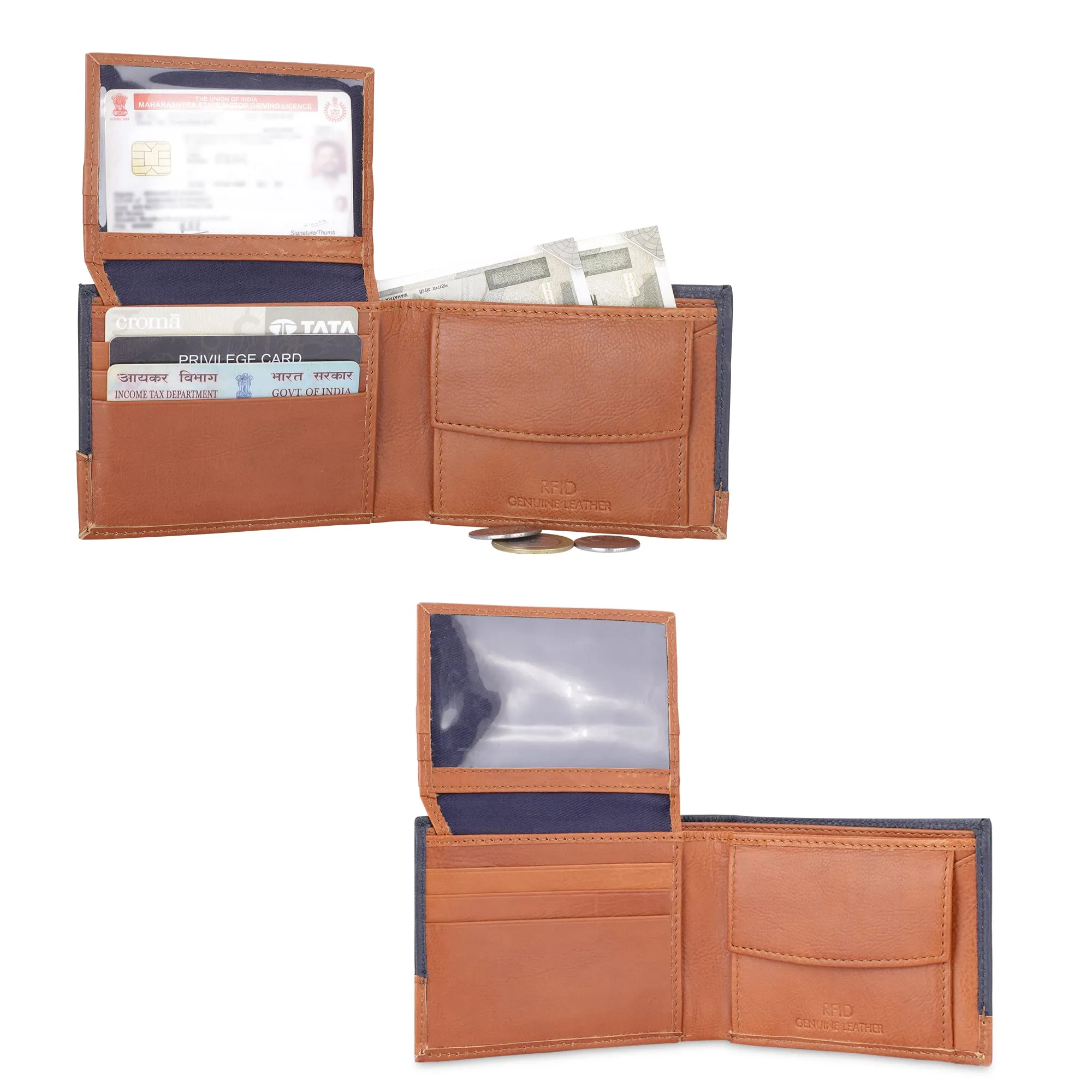 THE CLOWNFISH RFID Protected Genuine Leather Bi-Fold Wallet for Men with Multiple Card Slots & Coin Pocket (Blue)